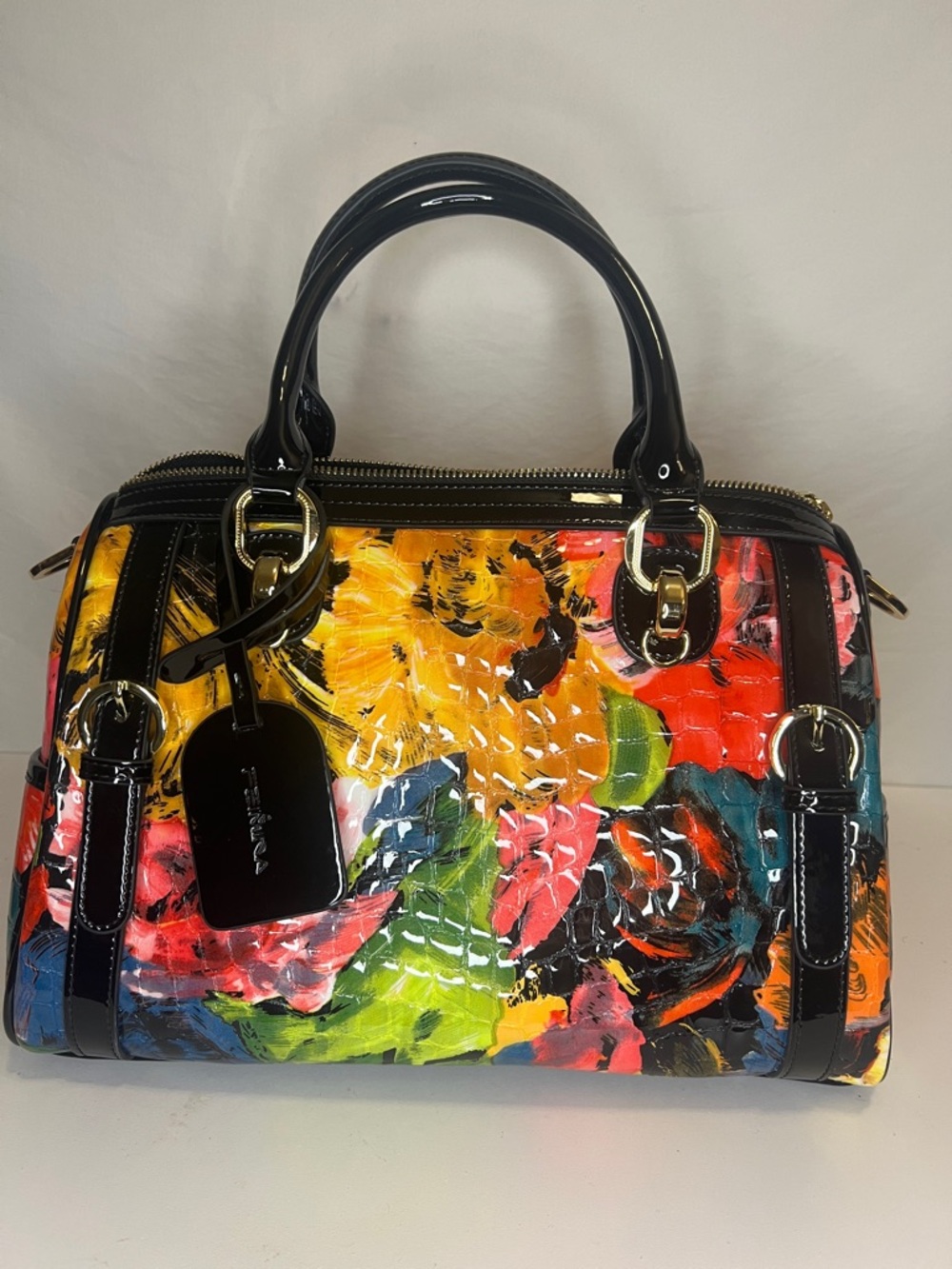 Feimina Genuine Leather embossed Floral Patent Satchel Handbag